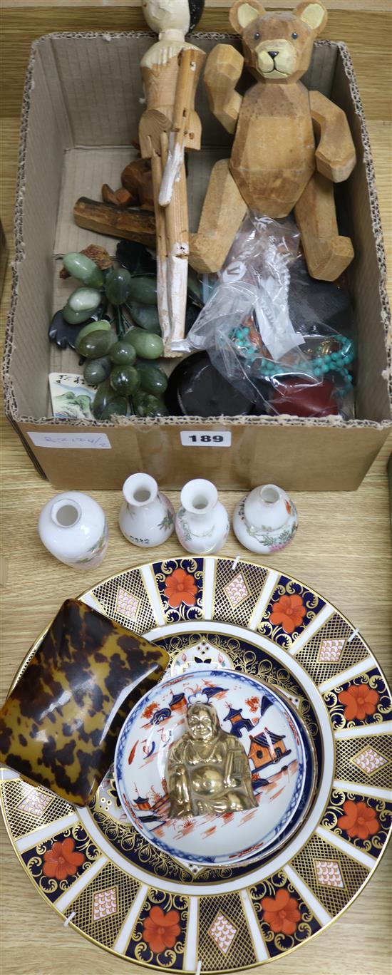 A group of costume jewellery, a Derby plate, Oriental ceramics, a peg doll, etc.